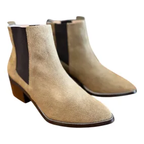 Women's Chelsea Ultra Suede Bootie In Beige Low Heel Stable Support Weekend Camping