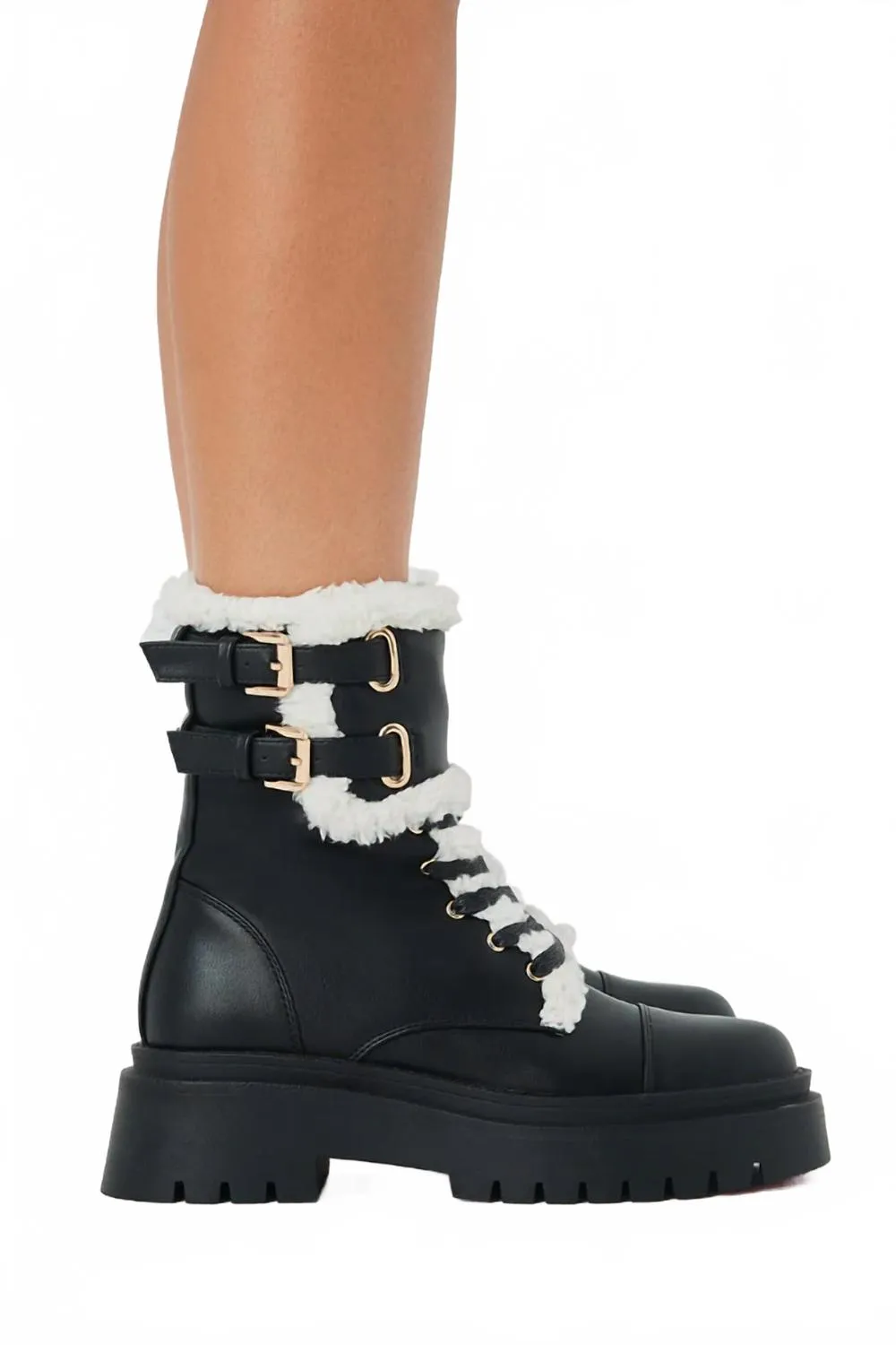Trendy Look Padded Women's Ferrel Sherpa Combat Boot In Black