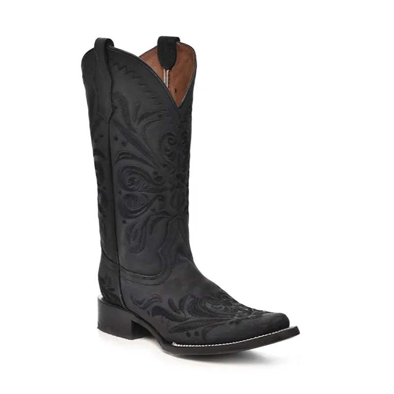 Women's L5464 Filigree Embroidery Square Toe Cowboy Boots Black Biker Tough