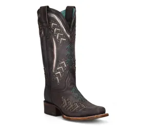 Women's Laser Embroidered With Studs Square Toe Boot In Grey Padded Interior Comfort Seeker