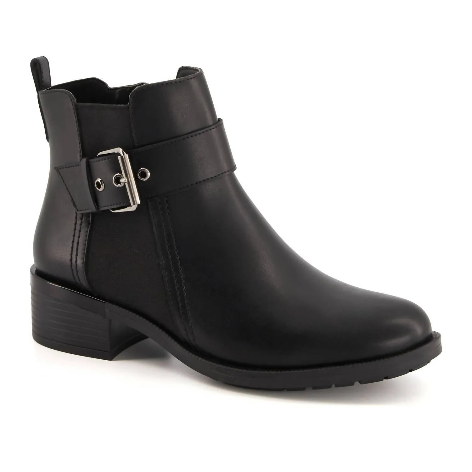 Women's Leather Booties With Elastic Side And Buckle In Black puncture resistant