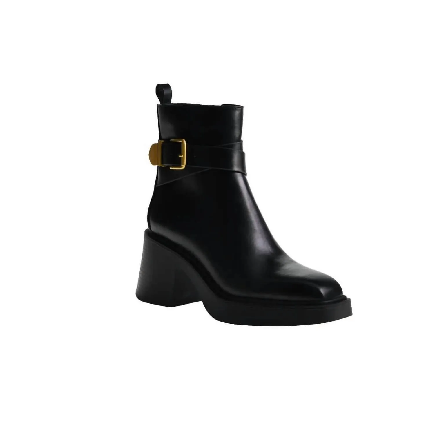 Padded Interior Rough Terrain Women's Leather With Gold Buckle Ankle Boots In Black