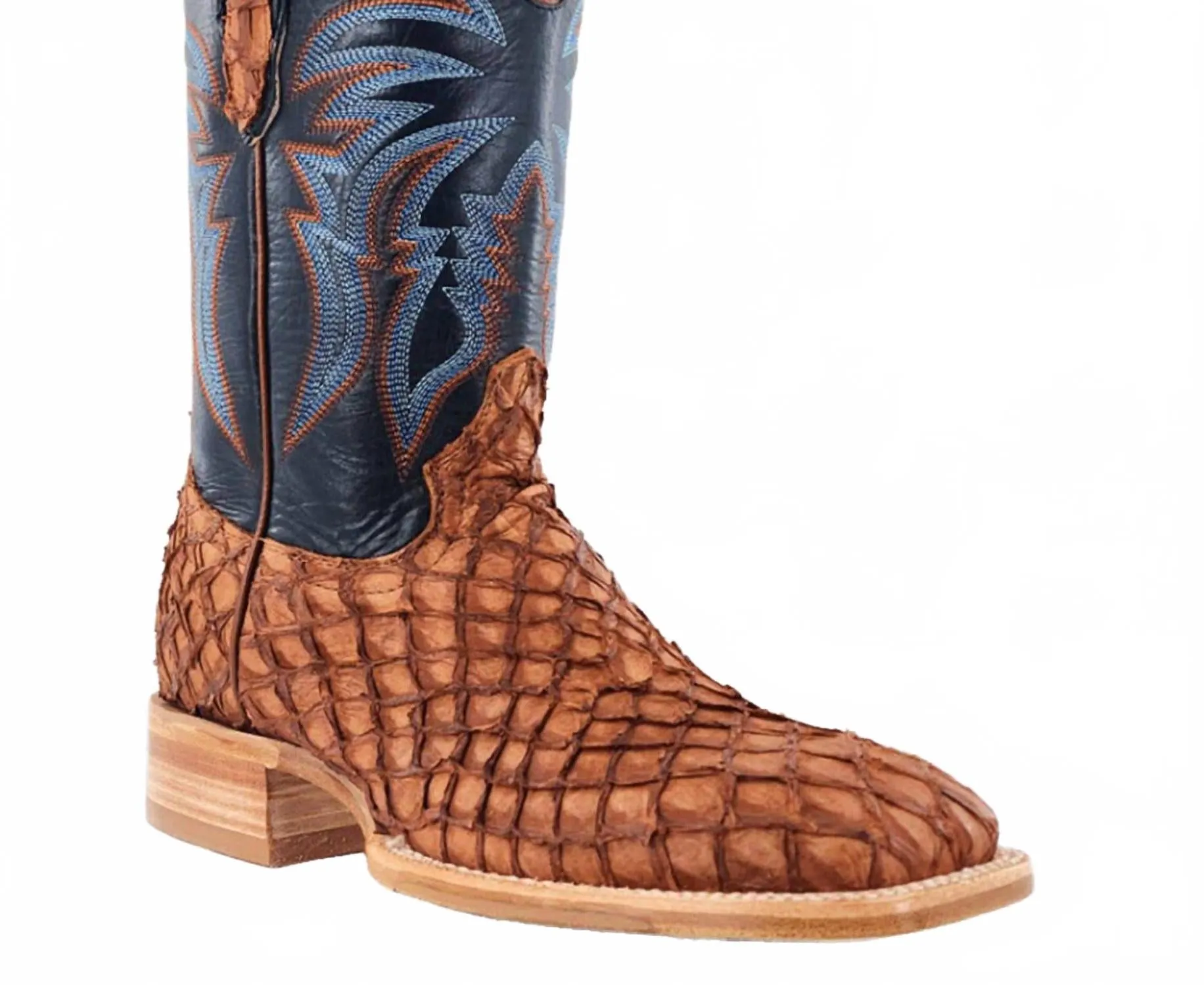 Neutral Tones Women's Matte Pirarucu Fish Exotic Boot In Cognac/blue