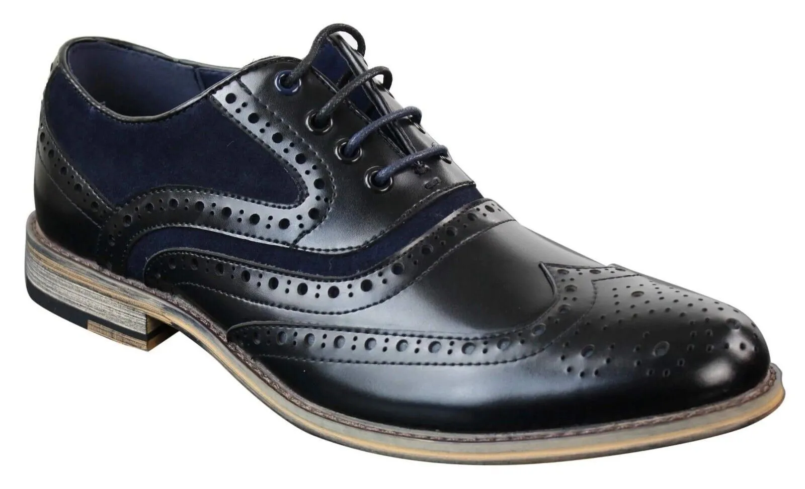Chisel Tip Extended Use Mens Classic Navy Suede Oxford Brogue Shoes in Black Leather